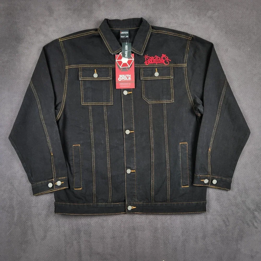 Southpole Denim Jacket Mens Medium Black Embroidered Graphic Streetwear Y2K NEW